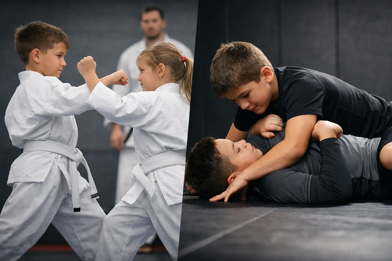 Kids practicing karate and jiu jitsu in a martial arts class, showing standing techniques and ground grappling