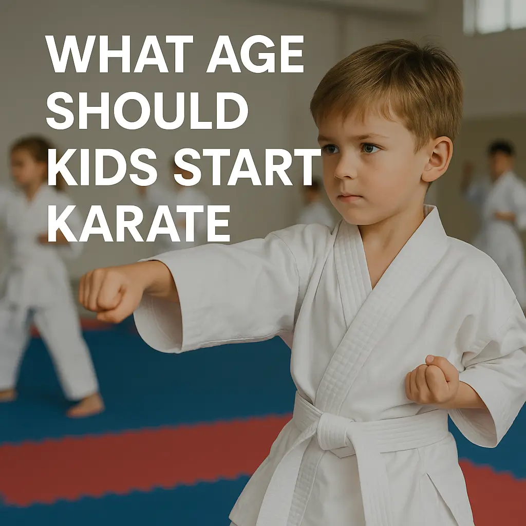 Young child practicing beginner karate in a kids martial arts class.